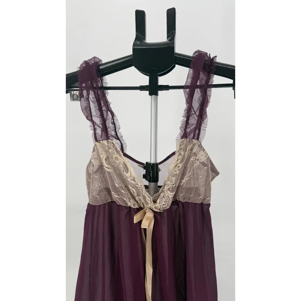 Ambrielle Plum Purple Sheer Lace Babydoll Coquette Romantic‎ Ruffles Nightgown S